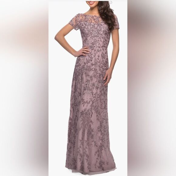 La Femme 27956 Floral Beaded Evening Dress with Sheer Cap Sleeves NWT Sz 2 Lilac